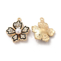 Light Gold Подвески из эмали и сплава, с хрустальными стразами и искусственным пластиковым жемчугом, цветочный шарм, золотой свет, 23x20x6 мм, отверстие : 1.4 мм