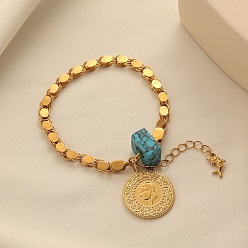 Золотой Браслеты с подвесками из синтетического сплава бирюзы, браслеты из овальных звеньев, турецкая монета, золотые, 6-3/4 дюйм (17 см)