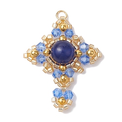 Малайский Нефрит Подвески из натурального малайзийского нефрита (окрашенного) и стеклянных и латунных бусин, крест прелести, золотые, королевский синий, 33x26x8 мм, отверстие : 2.8 мм