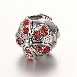 Светло-сиамский Цветок античный Посеребренная сплав горный хрусталь европейский клип застежками, Light Siam, 10.5x9.5 мм, отверстие : 3 мм