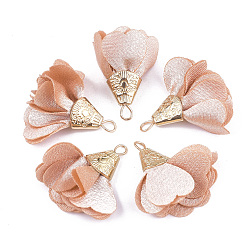 Light Salmon Iron Pendants, with Cloth, Flower, Golden, Light Salmon, 28~32x25~37mm, Hole: 1~4mm