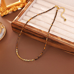 Tiger Eye Faceted Round Natural Tiger Eye and Brass Beaded Necklaces, Golden, 15.75 inch(40cm)