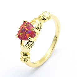 Golden Synthetische opale Fingerringe, mit Zirkonia und Messing Zubehör, langlebig überzogen, irisches Herz, Größe 7, dunkelrot, golden, 17 mm