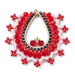 Красный Стеклянные бусы большие подвески, с 304 кольцами из нержавеющей стали, очарование слезы, красные, 38.5~39x40.5~41x3.5~4.5 мм, отверстие : 3 мм