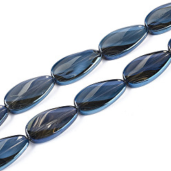 Морской Синий Гальванизируйте прозрачное стекло бисер нитей, слеза, Marine Blue, 26x13x5.5~7 мм, отверстие : 1.5 мм, около 30 шт / нитка, 30.12~30.51 дюйм (76.5~77.5 см)