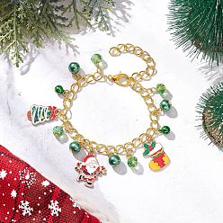 (52) Непрозрачная лаванда Рождественские браслеты с подвесками из эмали из сплава, Браслеты с круглыми подвесками из латуни с вакуумным покрытием PVD и стеклянным жемчугом, с цинковым сплавом застежками омаров коготь, разноцветные, 9-1/4~9-3/8 дюйм (23.6~23.8 см)