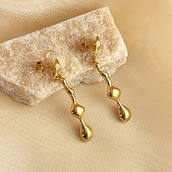 Настоящее золото 18K 304 серьги-гвоздики-капли из нержавеющей стали, слеза, реальный 18 k позолоченный, 53x8 мм