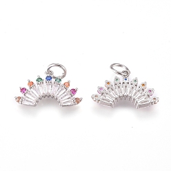 Платина Латунные подвески, с микропаве из кубического циркония и прыжковыми кольцами, вентилятор, красочный, платина, 10x16.5x2.5 мм, отверстие : 3.2 мм