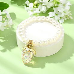 Pink Acrylic Strawberry Charm Bracelets, Acrylic Imitation Pearl Beads Stretch Bracelets for Women, Pink, Inner Diameter: 2.24 inch(5.7cm)