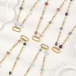 Pierre Mélangete Colliers à chaîne perlée en pépites de pierres naturelles mélangées, avec placage sous vide PVD 304 chaînes en acier inoxydable de type trombone et 304 breloques mousqueton à vis en acier inoxydable, or, mélangé teint et non teint, 16.26 pouce (41.3 cm)