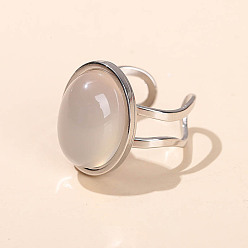 Белый Нефрит 304 Кольца-манжеты из нержавеющей стали и натурального белого нефрита, овальные, серебряные, внутренний диаметр: 18 мм