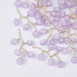 Plum Acrylic Big Pendants, with Clear Glass Beads and Golden Plated Brass Wires, Flower, Plum, 55~60x30~35mm, Hole: 2mm