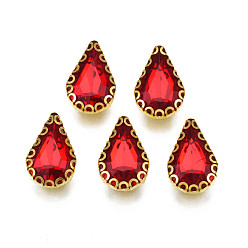 Crimson Sew on Rhinestone, Transparent Glass Rhinestones, with Iron Prong Settings, Faceted, Teardrop, Crimson, 13.5x8.5x5mm, Hole: 0.9mm