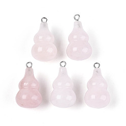 Розовый Кварц Природного розового кварца подвески, тыквенные прелести, с 201 петлями из нержавеющей стали, цвет нержавеющей стали, 24x13.5~14 мм, отверстие : 1.8 мм
