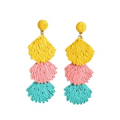 Разноцветный Серьги-гвоздики в форме ракушек из рафии в богемном стиле, с железными контактами, золотые, красочный, 90x32 мм