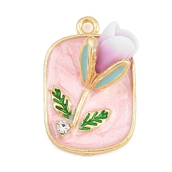 Pink Подвески из эмали и сплава, прямоугольник с подвесками в виде тюльпанов, со стразами и полимерной глиной, золотые, розовые, 24x15.5x9 мм, отверстие : 1.8 мм