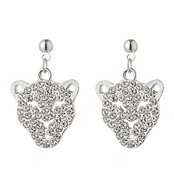 Платина Rhinestone сплава болтаться серьги, леопард головы, платина, 30x19 мм