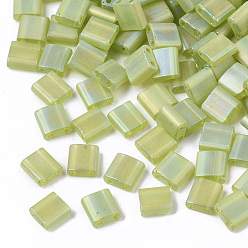 Yellow Green 2-Hole Transparent Glass Seed Beads, Frosted AB Colours, Rectangle, Yellow Green, 5x5~5.5x2~2.5mm, Hole: 0.7mm