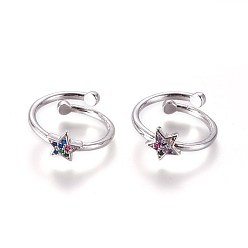 Platinum Adjustable Brass Micro Pave Cubic Zirconia Finger Rings, Star, Platinum, Size 6, 16mm