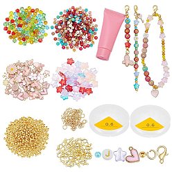 Gemischte Farbe DIY-Schmuck-Kits, inklusive Karabinerhaken aus Zinklegierung, Glasperlen, Anhänger aus Acrylperlen und Legierungsemaille, Mischformen, Gemischte Farbe, 12x6 mm, Bohrung: 1.2 mm
