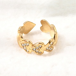 Real 18K Gold Plated 304 Stainless Steel Rhinestone Cuff Open Rings for Women, Heart, Ion Plating(IP), Real 18K Gold Plated, 8.5mm, US Size 8 1/2(18.5mm)
