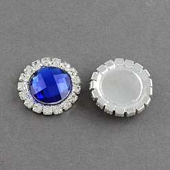 Blue Shining Flat Back Faceted Half Round Acrylic Rhinestone Cabochons, with Grade A Crystal Rhinestones and Brass Cabochon Settings, Silver Metal Color, Blue, 18x5.5mm