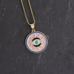 Pink Латунные эмалевые плоские круглые подвески с дурным глазом для женщин, с синим и прозрачным кубическим цирконием, реальный 18 k позолоченный, розовые, 15.75 дюйм (40 см)