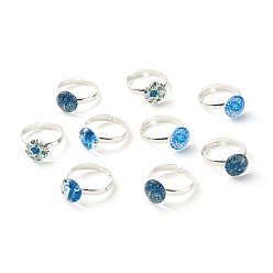 Mixed Patterns Flower Pattern Flat Round Glass Adjustable Ring, Solid Brass Ring for Women, Platinum, Mixed Patterns, US Size 6 1/2(16.9mm)