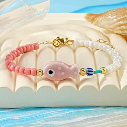 Pink Браслеты с подвесками в виде рыбок из фарфора и стекла для женщин, с латунным, золотые, розовые, 6.50 дюйм (16.5 см) ~ 6.69 дюйм (17 см)