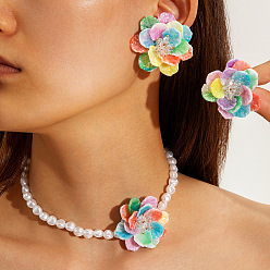 Разноцветный Подвески и серьги-гвоздики из пластиковых бусин-подвесок из смолы и стекла, цветок, красочный, колье: 14.37 дюйм (36.5 см)