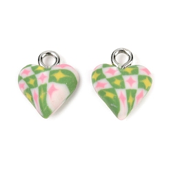 Светло-зеленый Коричневый Подвески из полимерной глины ручной работы, сердце, с платиновыми тоновыми железными петлями, оливковый, 13x10x6 мм, отверстие : 2 мм
