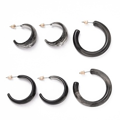 Black C-shape Stud Earrings, Resin Half Hoop Earrings, Open Hoop Earrings for Women, Black, 27~40.5x6~10.5mm, Pin: 0.8mm, 3 pairs/set