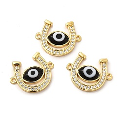 Black Rack Plating Real 18K Gold Plated Brass Micro Pave Clear Cubic Zirconia Connector Charms, Horseshoe Links, with Handmade Evil Eye Lampwork, Cadmium Free & Lead Free, Long-Lasting, Black, 18.5x23x4mm, Hole: 1.5mm