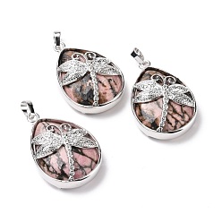 Родонит Природные подвески родонит, с латунной фурнитурой платинового цвета, без свинца и без кадмия, слезинка с подвесками в виде стрекоз, 40~40.5x26~26.5x9~9.5 мм, отверстие : 5x7 мм