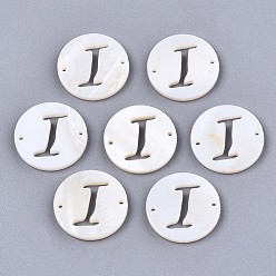 Letter I Natural Freshwater Shell Links Connectors, Flat Round with Letter, Letter.I, 14.5x1.5mm, Hole: 0.9mm