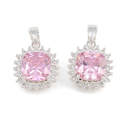 Pink Латунные микро проложить кубического циркония прелести, квадратных амулеты, серебряные, розовые, 14.5x13x6.5 мм, отверстие: 4x2.5 мм