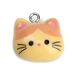 Bisque Printed Opaque Resin Pendants, Cat Charm, with Platinum Iron Loop, Bisque, 18.5x18.5x10.5mm, Hole: 2mm
