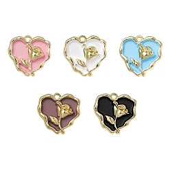 Mixed Color 5Pcs Rack Plating Alloy Enamel Pendants, Cadmium Free & Lead Free, Heart with Rose, Mixed Color, 20x21x4mm, Hole: 1.8mm