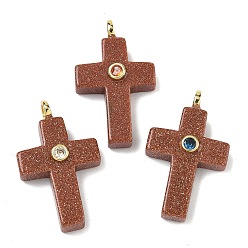 Камень с Пылевым Золотом Синтетические голдстоуновские подвески, Подвески в виде креста с фурнитурой из латуни, инкрустированной микрофиброй (случайного цвета)., золотые, 30x17.5~18x6.5~7 мм, отверстие : 2.7 мм