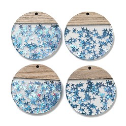 Темно-Голубой Деревянные подвески, смола и золотая фольга, плоско-круглые, глубокое синее небо, 38.5x4 мм, отверстие : 2 мм