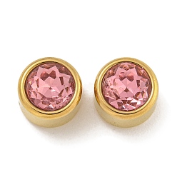 Pink Ионное покрытие (ip) 304 нержавеющая сталь с k9 стеклянными бусинами со стразами, плоско-круглые, золотые, розовые, 8x6.5 мм, отверстие : 1.8 мм