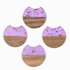 Lilac Transparent Resin & Walnut Wood Pendants, with Gold Foil, Gap Flat Round, Lilac, 34x36.5x3mm, Hole: 2mm