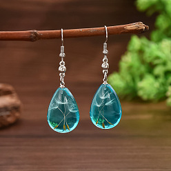 Темно-Голубой Серьги с подвесками из смолы и сплава, с сушеными цветками одуванчика, слеза, платина, глубокое синее небо, 56.5x16.8 мм