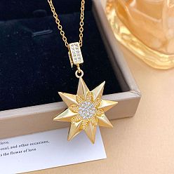 Fleur Colliers en laiton avec pendentif en zircone cubique transparent pour femmes, micro pavé, avec 304 chaînes de câble en acier inoxydable, or, fleur, 15.75 pouce (40 cm)