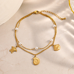 Золотой Океан 304 браслет на лодыжку из нержавеющей стали и пластика с подвеской в виде морской звезды, черепахи и раковины, двухслойный, для женщин, белые, золотые, 8-1/2 дюйм (215 мм)