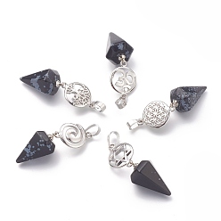 Снежный Обсидиан Естественно снежинка обсидиана подвески, с платиново-латунной защелкой на скобах, голос / символ ом / древо жизни / цветок жизни / звезда давида, Конус маятник, 48 мм, отверстие : 8 мм