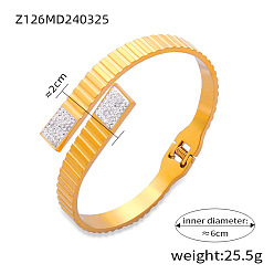 Rectangle 304 шарнирные браслеты из нержавеющей стали с фианитами для женщин, реальный 18 k позолоченный, прямоугольные, внутренний диаметр: 2-3/8 дюйм (6 см)