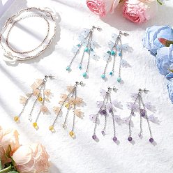 Платина 3пары акриловых сережек-гвоздиков с кисточками в виде цветов, с натуральным аметистом, синтетической зеленой бирюзой, натуральным апатитом, синтетическим цитрином, натуральным аметистом и натуральным цитрином, платина, 89 мм