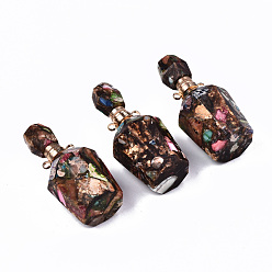 Colorful Assembled Synthetic Bronzite and Imperial Jasper Openable Perfume Bottle Pendants, with Light Gold Brass Findings, Dyed, Colorful, Capacity: 1ml(0.03 fl. oz), 41~42x17~18x17~18mm, Hole: 1.8mm