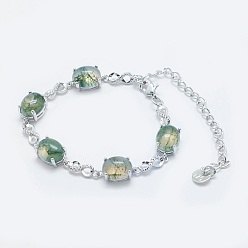 Moss Agate Natural Moss Agate Link Chain Bracelets, with Brass Findings, Real Platinum Plated, Oval and Infinity, 5-3/4 inch~6 inch(14.5~15cm)